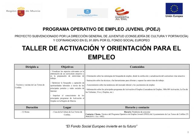 Las Torres de Cotillas propone un taller de activación y orientación para el empleo para jóvenes
