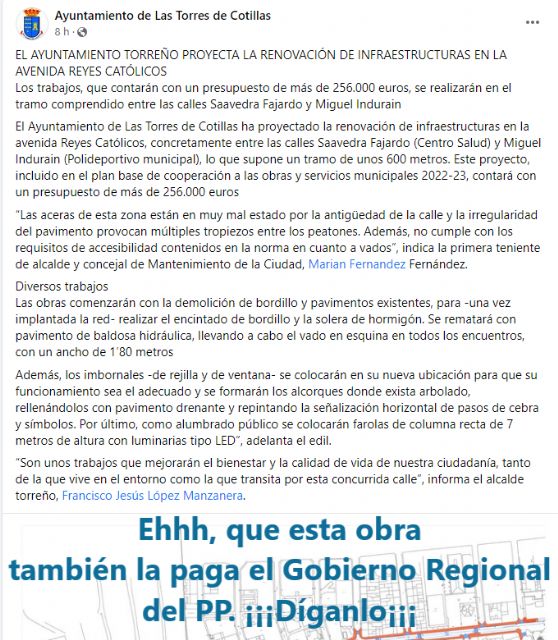'Es de bien nacidos ser agradecidos, señores del Equipo de Desgobierno PSOE-Ciudadanos de Las Torres de Cotillas '