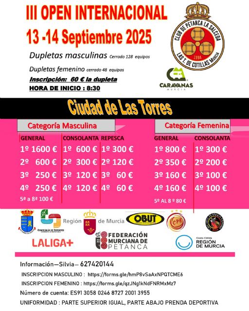 El III Open Internacional de Petanca de Las Torres de Cotillas repartirá más de 7.000 euros en premios