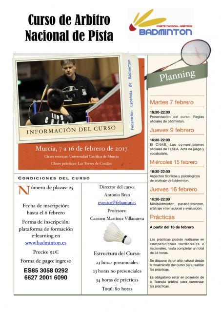 Las Torres de Cotillas colabora con un curso de árbitro nacional de pista de bádminton