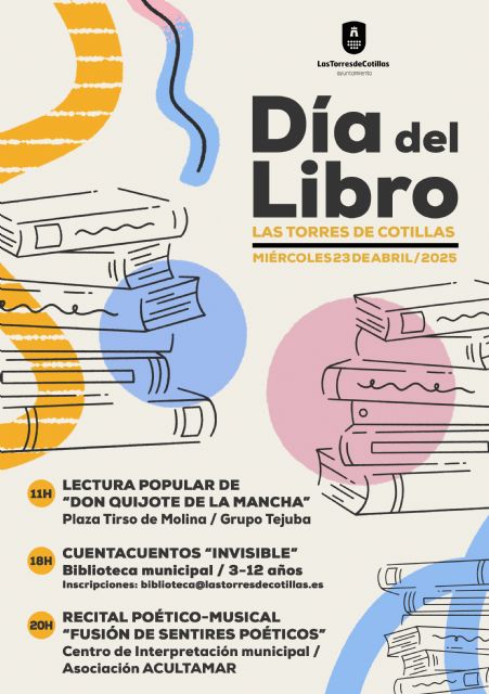 Las Torres de Cotillas celebrará el día del libro con una lectura popular del Quijote, un cuentacuentos y un recital poético-musical