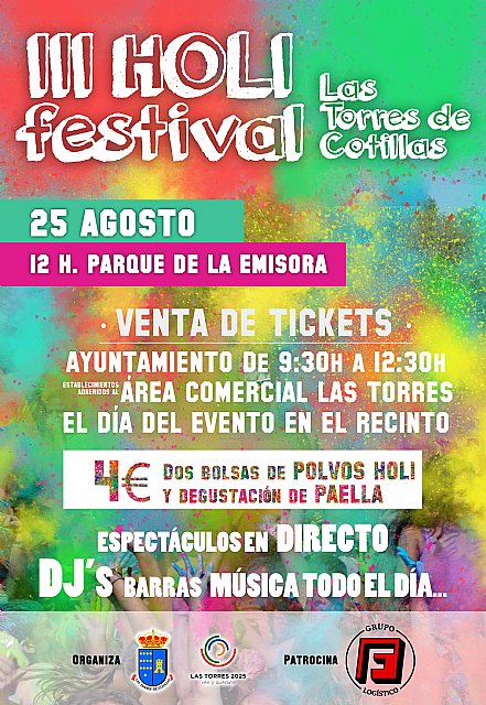 La tercera edición de la ‘Holi Festival’ de Las Torres de Cotillas promete mucha diversión y colorido