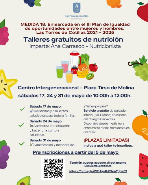 Talleres gratuitos de nutrición con el III Plan de Igualdad de Oportunidades entre Mujeres y Hombres
