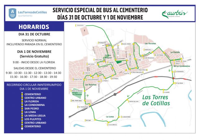 Servicio gratuito de autobuses en Las Torres de Cotillas para el día de Todos los Santos
