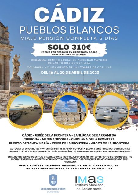 El Centro Social de Personas Mayores torreño propone un viaje a Cádiz para mayores de 60 años esta Semana Santa